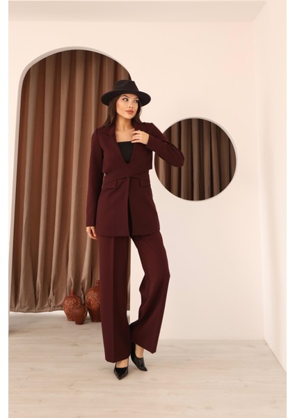 Kadın Bordo Önden Çapraz Kuşaklı Blazer Ceket Pantolon Takım modelleri