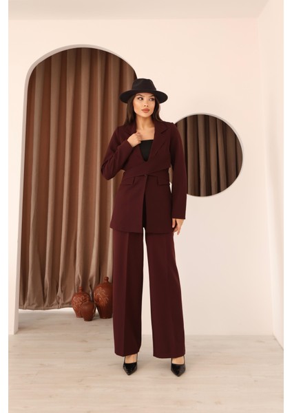 Kadın Bordo Önden Çapraz Kuşaklı Blazer Ceket Pantolon Takım fırsatları
