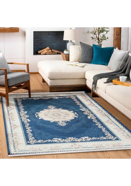 Mavi Çerçeveli Modern Etnik Desenli Halı | Makinada Yıkanabilir | Hav Toz Vermez | Leke Tutmayaz | Kaymaz Taban | Dijital Makine Baskı | Salon Yolluk Mutfak Halısı fiyatları