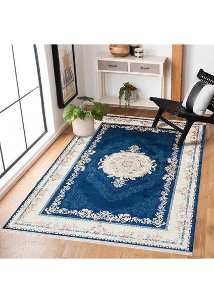 Mavi Çerçeveli Modern Etnik Desenli Halı | Makinada Yıkanabilir | Hav Toz Vermez | Leke Tutmayaz | Kaymaz Taban | Dijital Makine Baskı | Salon Yolluk Mutfak Halısı modelleri