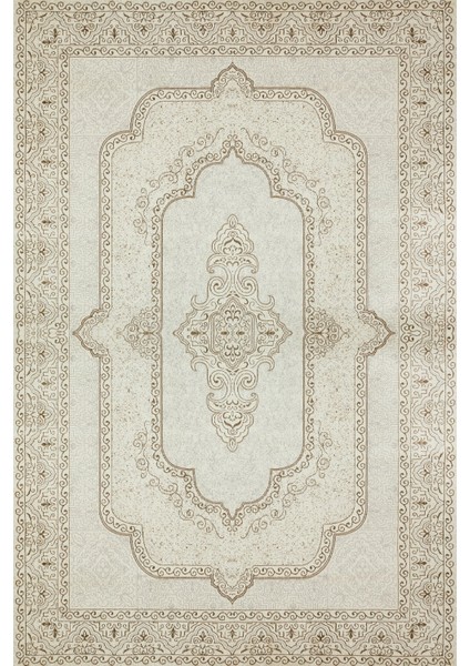 Krem Göbekli Modern Etnik Desenli Halı | Makinada Yıkanabilir | Hav Toz Vermez | Leke Tutmayaz | Kaymaz Taban | Dijital Makine Baskı | Salon Yolluk Mutfak Halısı