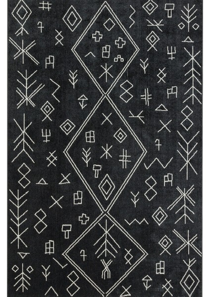 Siyah Etnik Modern Etnik Desenli Halı | Makinada Yıkanabilir | Hav Toz Vermez | Leke Tutmayaz | Kaymaz Taban | Dijital Makine Baskı | Salon Yolluk Mutfak Halısı