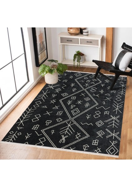 Siyah Etnik Modern Etnik Desenli Halı | Makinada Yıkanabilir | Hav Toz Vermez | Leke Tutmayaz | Kaymaz Taban | Dijital Makine Baskı | Salon Yolluk Mutfak Halısı fiyatları