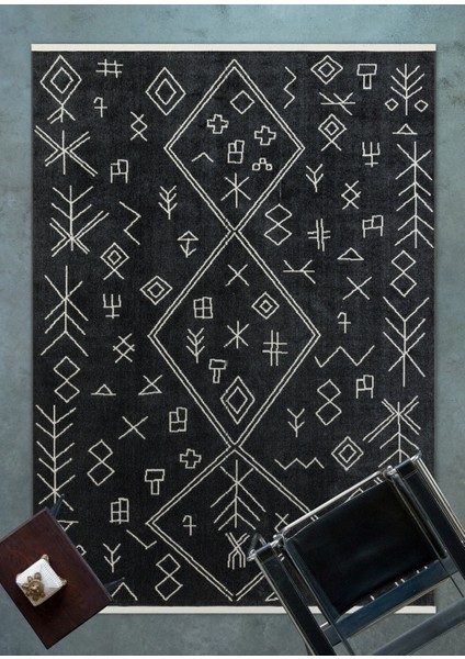 Siyah Etnik Modern Etnik Desenli Halı | Makinada Yıkanabilir | Hav Toz Vermez | Leke Tutmayaz | Kaymaz Taban | Dijital Makine Baskı | Salon Yolluk Mutfak Halısı modelleri