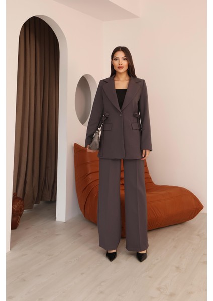 Kadın Antrasit Yandan Kuşaklı Blazer Ceket Pantolon Takım