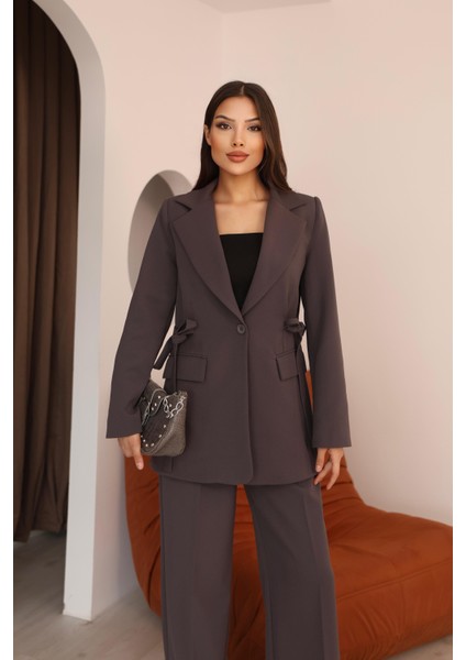 Kadın Antrasit Yandan Kuşaklı Blazer Ceket Pantolon Takım fiyatları