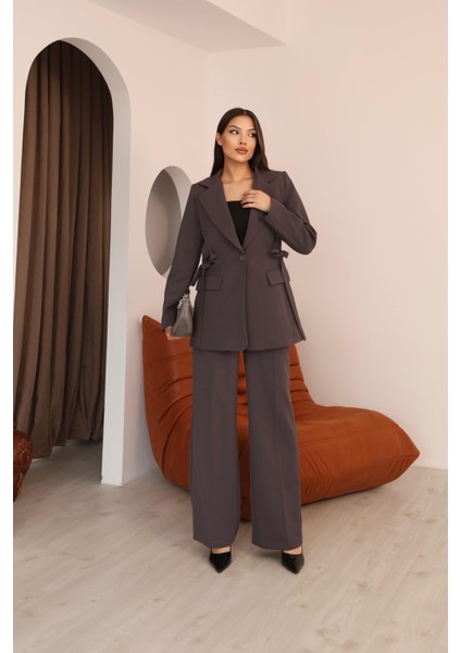 Kadın Antrasit Yandan Kuşaklı Blazer Ceket Pantolon Takım modelleri