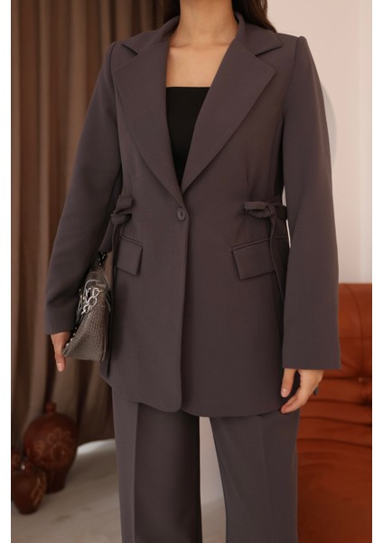 Kadın Antrasit Yandan Kuşaklı Blazer Ceket Pantolon Takım fırsatları
