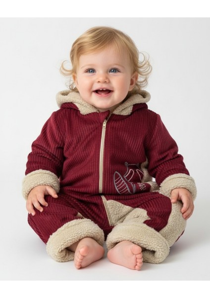 Kadife Welsoft Astarlı Kapüşonlu Kulak Detaylı Bebek Tulum Bordo (0-12 Ay)