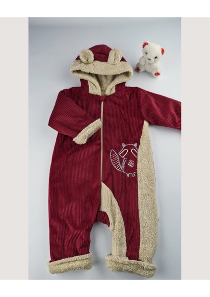Kadife Welsoft Astarlı Kapüşonlu Kulak Detaylı Bebek Tulum Bordo (0-12 Ay) fiyatları