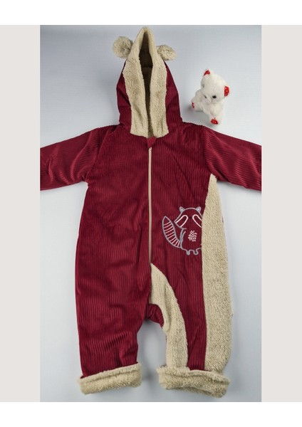 Kadife Welsoft Astarlı Kapüşonlu Kulak Detaylı Bebek Tulum Bordo (0-12 Ay) modelleri