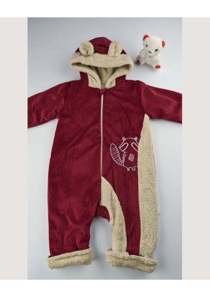 Kadife Welsoft Astarlı Kapüşonlu Kulak Detaylı Bebek Tulum Bordo (0-12 Ay) fırsatları