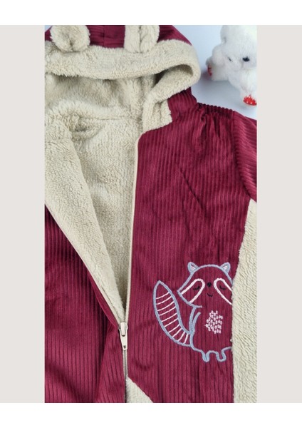 Kadife Welsoft Astarlı Kapüşonlu Kulak Detaylı Bebek Tulum Bordo (0-12 Ay)