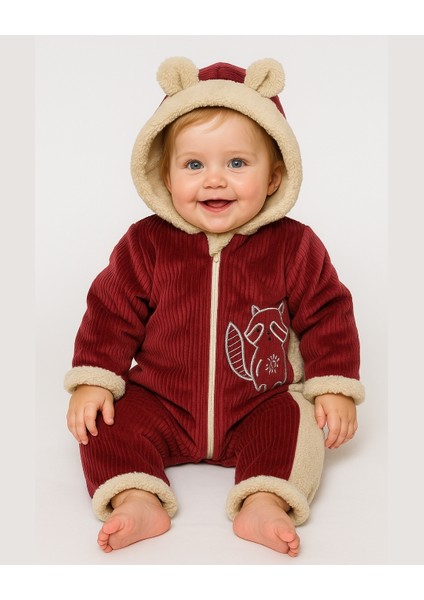 Kadife Welsoft Astarlı Kapüşonlu Kulak Detaylı Bebek Tulum Bordo (0-12 Ay)