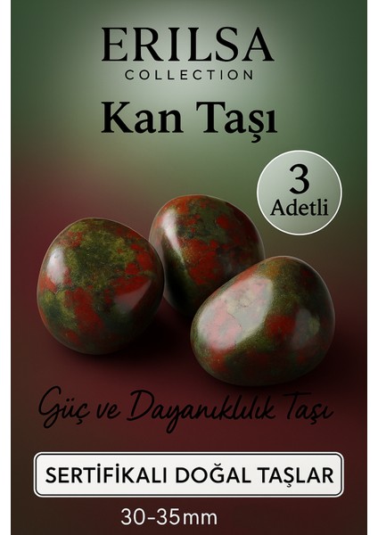 Sertifikalı Doğal Kan Taşı (Heliotrop) Kütle – 3 Adetli Güç ve Dayanıklılık Taşı 30-35 mm