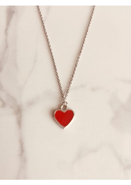 Kırmızı Kalp Figürlü Çelik Zincirli Rodyum Kaplama Kolye