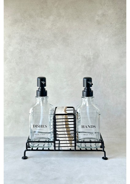 Kristal Cam Sabunluk Seti – Siyah Metal Standlı, Modern ve Kolay Temizlenebilir Tasarım, 2×500 ml modelleri