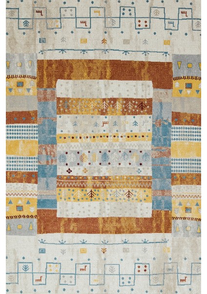Krem Etnik Modern Etnik Desenli Halı | Makinada Yıkanabilir | Hav Toz Vermez | Leke Tutmayaz | Kaymaz Taban | Dijital Makine Baskı | Salon Yolluk Mutfak Halısı