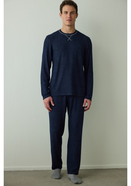 Lacivert Erkek Basic Uzun Kollu Pijama Takımı