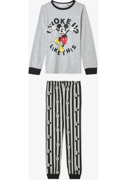 Gri Melanj Erkek Çocuk Mickey Mouse Baskılı Uzun Kollu 2'li Pijama Takımı