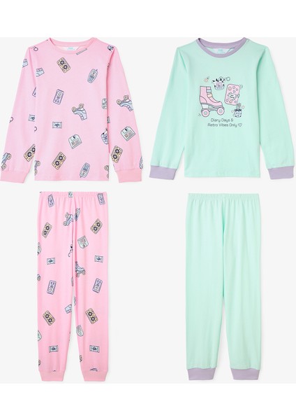 Kız Çocuk Retro Oyuncak Desenli Pamuklu Uzun Kollu 2'li Pijama Takımı