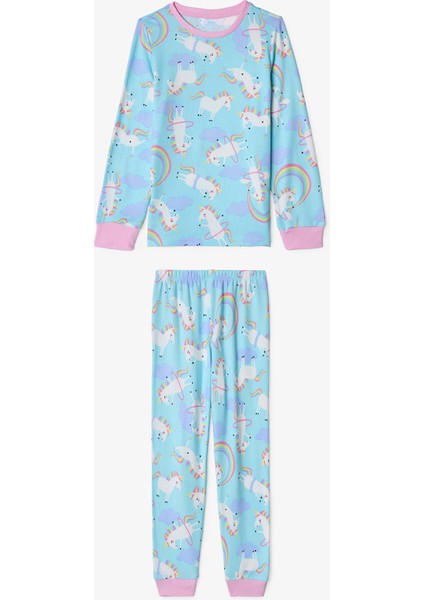 Açık Mavi Kız Çocuk Unicorn Desenli Pijama Takımı