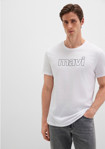 Mavi Logo Baskılı Beyaz Tişört 065781-620