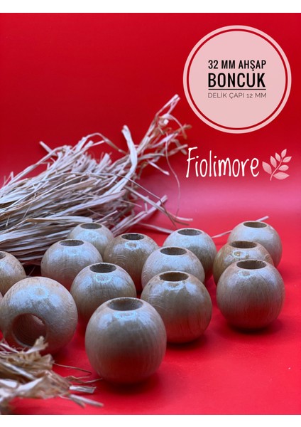 32 mm Ahşap Boncuk (10 Adet) Yuvarlak Makrome Çanta Tasarım Tahta Delik Çapı 12 mm