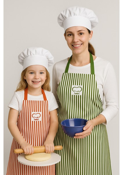 Ays Home Çizgili Şapkalı Anne Çocuk Mutfak Önlüğü Seti (2 Önlük2 Şapka