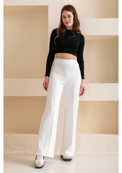 Kadın Bol Paça Modal Kumaş Tayt Pantolon Yumuşak Dokulu Likralı Önü Nevürlü Geniş Kalıp