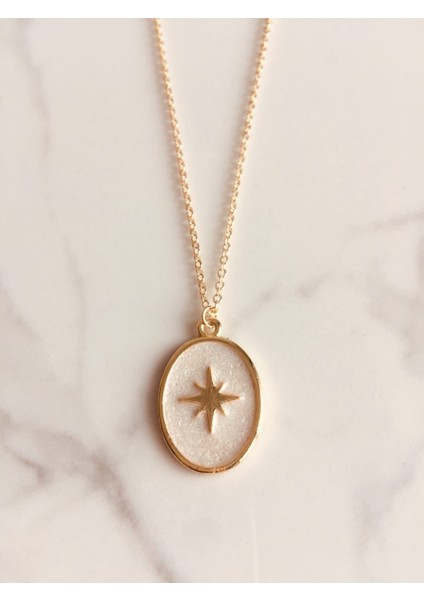 Mineli Kutup Yıldızı Figürlü Çelik Zincirli Altın Kaplama Kolye
