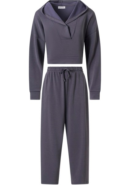 Kadın Gri Önü Pervazlı Kapüşonlu Takım