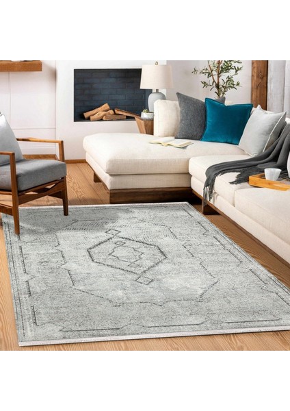 Gri Göbekli Modern Etnik Desenli Halı | Makinada Yıkanabilir | Hav Toz Vermez | Leke Tutmayaz | Kaymaz Taban | Dijital Makine Baskı | Salon Yolluk Mutfak Halısı modelleri