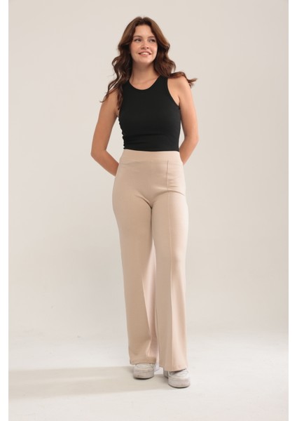 Kadın Bol Paça Modal Kumaş Tayt Pantolon Yumuşak Dokulu Likralı Önü Nevürlü Geniş Kalıp