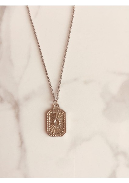 Dikdörtgen Figürlü Çelik Zincirli Rodyum Kaplama Kolye