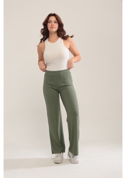 Kadın Bol Paça Modal Kumaş Tayt Pantolon Yumuşak Dokulu Likralı Önü Nevürlü Geniş Kalıp