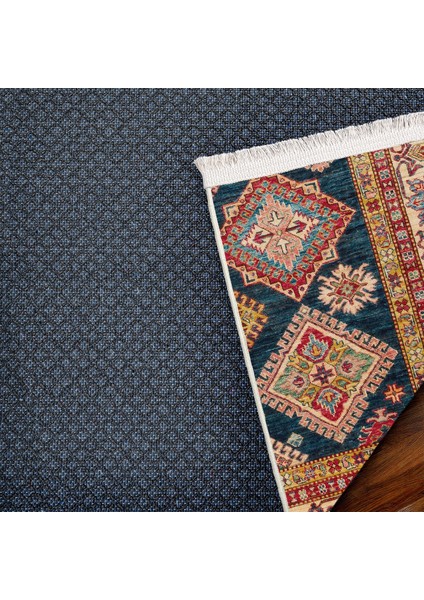 Mavi Bordürlü Modern Etnik Desenli Halı | Makinada Yıkanabilir | Hav Toz Vermez | Leke Tutmayaz | Kaymaz Taban | Dijital Makine Baskı | Salon Yolluk Mutfak Halısı fırsatları