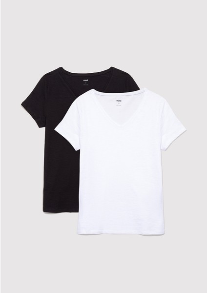 2li Siyah Beyaz Kadın V Yaka Basic Tişört 1611371-900