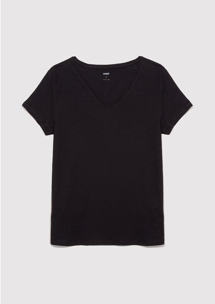 2li Siyah Beyaz Kadın V Yaka Basic Tişört 1611371-900