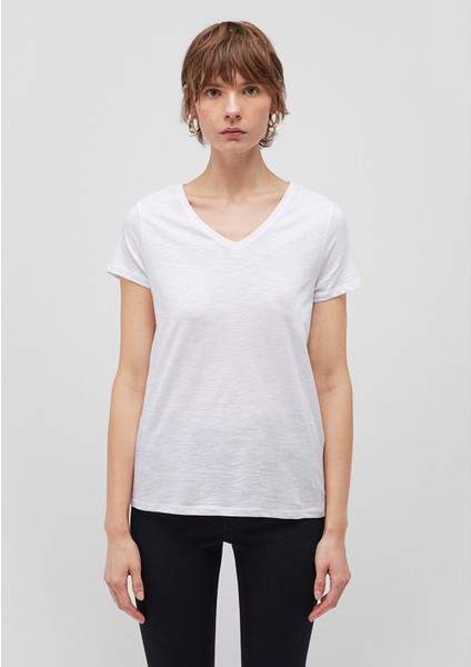 2li Siyah Beyaz Kadın V Yaka Basic Tişört 1611371-900