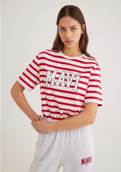 Mavi Logo Baskılı Kırmızı Çizgili Tişört 1611360-84475