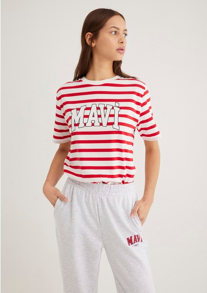 Mavi Logo Baskılı Kırmızı Çizgili Tişört 1611360-84475