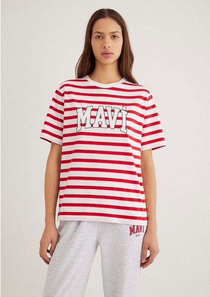 Mavi Logo Baskılı Kırmızı Çizgili Tişört 1611360-84475