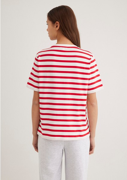 Mavi Logo Baskılı Kırmızı Çizgili Tişört 1611360-84475