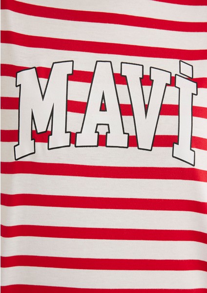 Mavi Logo Baskılı Kırmızı Çizgili Tişört 1611360-84475