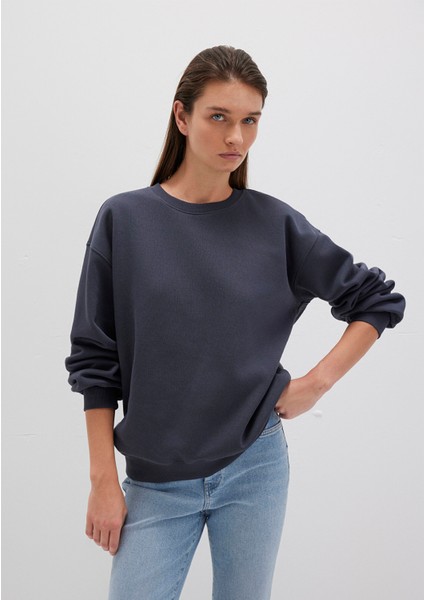 Bisiklet Yaka Lacivert Basic Sweatshirt 1610198-70726