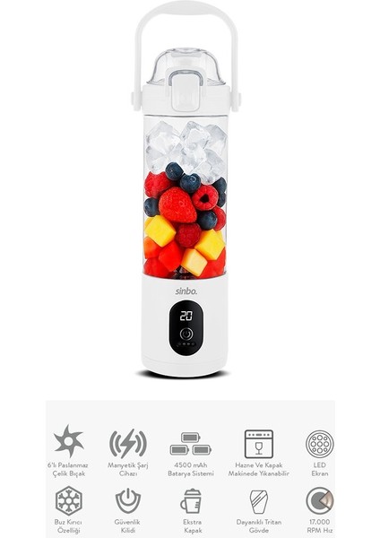 Şarjlı Taşınabilir Smoothie Blender 700MLBUZ Kırma - Çelik Bıçak Manyetik Şarj 150W 4500MAH SHB-7504 (5067)