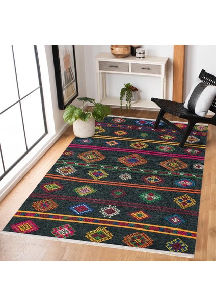 Siyah Etnik Modern Etnik Desenli Halı | Makinada Yıkanabilir | Hav Toz Vermez | Leke Tutmayaz | Kaymaz Taban | Dijital Makine Baskı | Salon Yolluk Mutfak Halısı modelleri