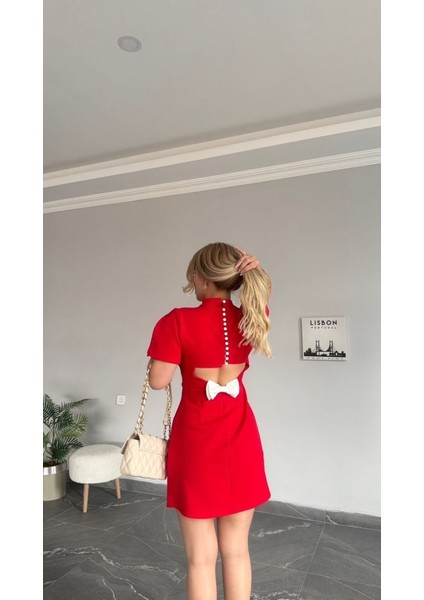 Kadın Atlas Kumaş Iç Astarlı Gizli Fermuarlı Inci Düğme Detaylı Mini Elbise modelleri