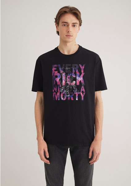 Rick and Morty Baskılı Siyah Tişört 0611683-900